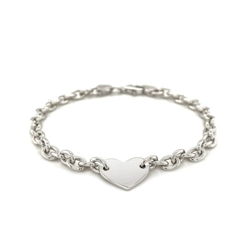 Sterling Silver Rhodium Plated Chain Bracelet with a Flat Heart Station (5.00 mm) - Image 2