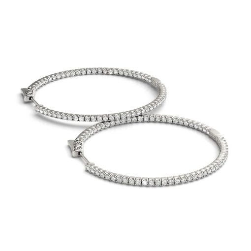 14k White Gold Slim Two Sided Diamond Hoop Earrings (1 1/2 cttw) - Image 3