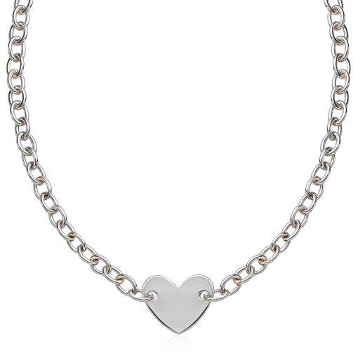 Sterling Silver Rhodium Plated Chain Bracelet with a Flat Heart Motif Station