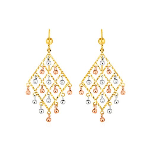 Textured Chandelier Earrings with Ball Drops in 14k Tri Color Gold