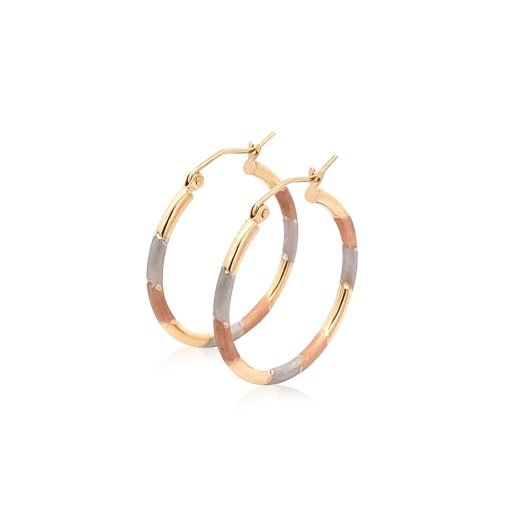 14k Tri-Color Textured Hoop Earrings (2x22mm) - Image 2