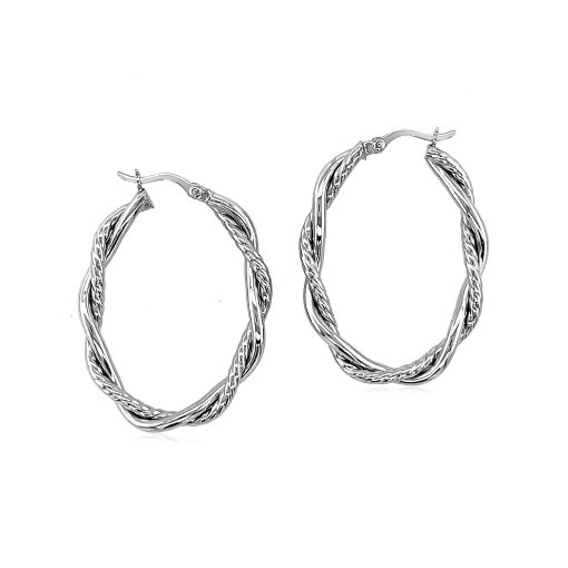 Sterling Silver Oval Hoop Braided Diamond Cut Earrings(4x22mm) - Image 2