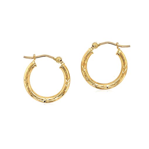 14k Yellow Gold Fancy Diamond Cut Slender Small Hoop Earrings (2x15mm) - Image 2