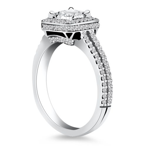 14k White Gold Diamond Halo Split Shank Engagement Ring Mounting - Image 3