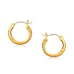 14k Yellow Gold Fancy Diamond Cut Hoop Earrings (3x15mm)