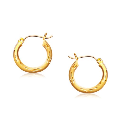 14k Yellow Gold Fancy Diamond Cut Hoop Earrings (3x15mm)