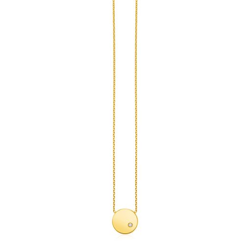 14k Yellow Gold Necklace with Polished Round Pendant with Diamond