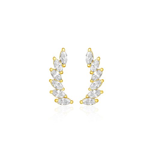 14k Yellow Gold Leaf Motif Climber Post Earrings with Marquise Cubic Zirconias