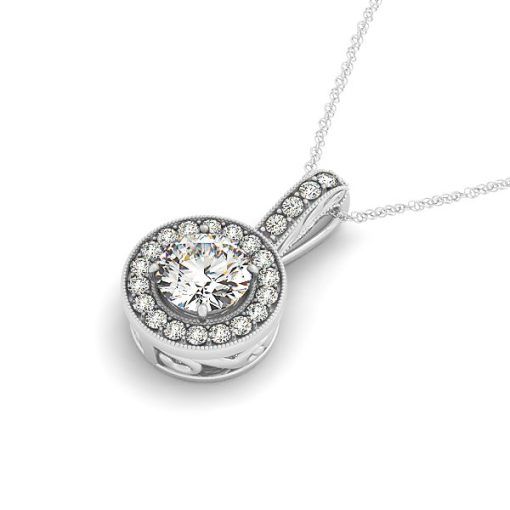 Milgrain Edge Diamond Halo Pendant in 14k White Gold (5/8 cttw) - Image 2