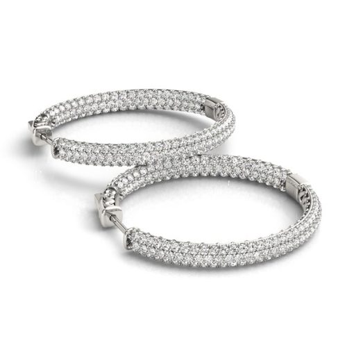 14k White Gold Two Row Pave Set Diamond Hoop Earrings (7 cttw) - Image 3