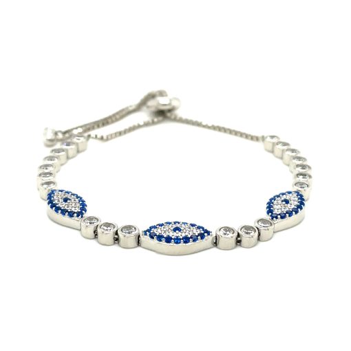 Sterling Silver Adjustable Enameled Evil Eye Bracelet with Cubic Zirconias (6.50 mm) - Image 2
