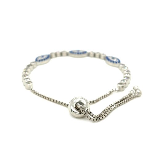 Sterling Silver Adjustable Enameled Evil Eye Bracelet with Cubic Zirconias (6.50 mm) - Image 3