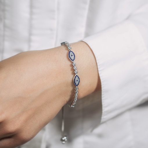 Sterling Silver Adjustable Enameled Evil Eye Bracelet with Cubic Zirconias (6.50 mm) - Image 4