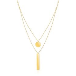 14k Yellow Gold 18 inch Two Strand Necklace with Circle and Bar Pendants