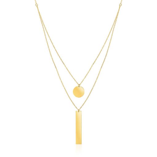 14k Yellow Gold 18 inch Two Strand Necklace with Circle and Bar Pendants