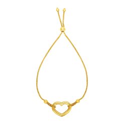 Adjustable Bracelet with Shiny Open Heart in 14k Yellow Gold