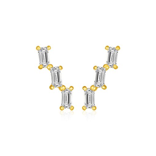 14k Yellow Gold Climber Post Earrings with Baguette Cubic Zirconias
