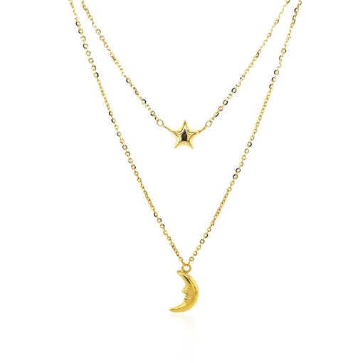 14k Yellow Gold Double-Strand Chain Necklace with Puff Moon and Star - Image 2