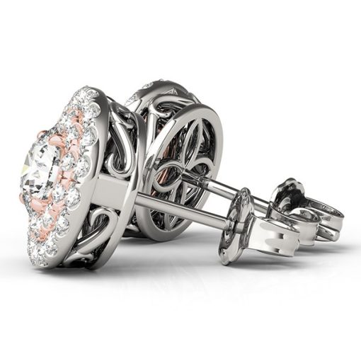 14k White and Rose Gold Round Halo Diamond Earrings (3/4 cttw) - Image 2
