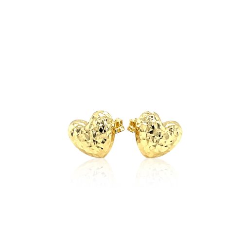 14k Yellow Gold Puffed Heart Earrings with Diamond Cuts(8mm) - Image 2
