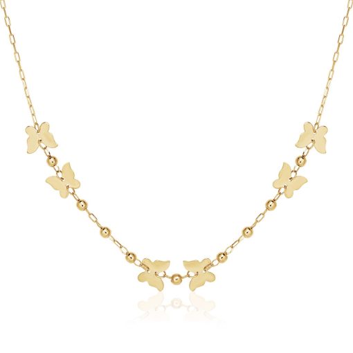 14k Yellow Gold 18 inch Necklace with Polished Butterflies and Beads