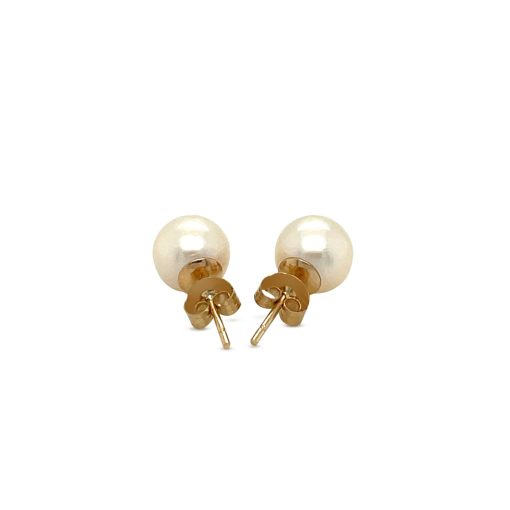 14k Yellow Gold Freshwater Cultured White Pearl Stud Earrings (7mm) - Image 3
