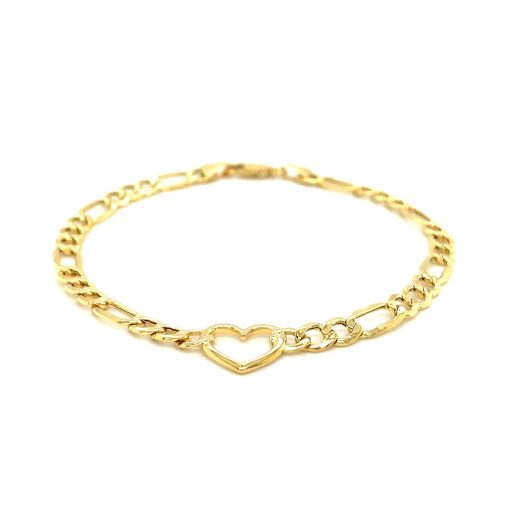 14k Yellow Gold 7 inch Figaro Chain Bracelet with Heart (4.50 mm) - Image 2