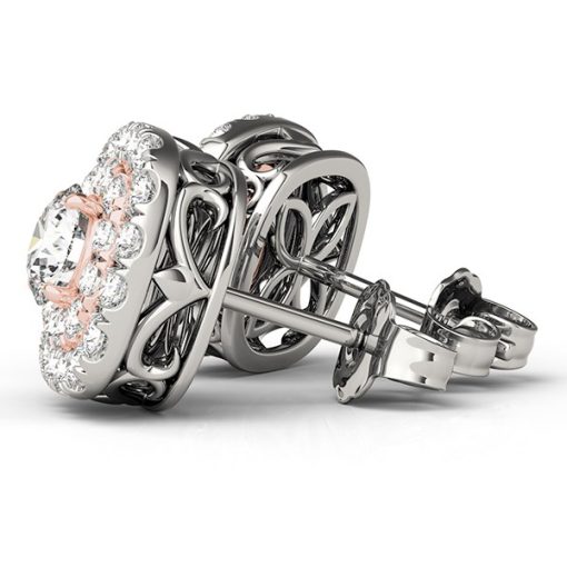 14k White and Rose Gold Cushion Shape Halo Diamond Earrings (3/4 cttw) - Image 2