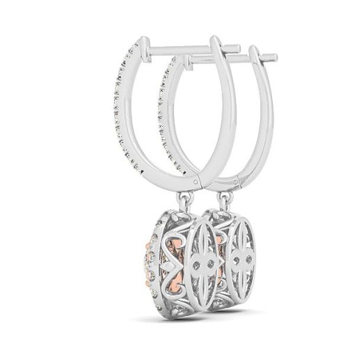 14k White And Rose Gold Drop Diamond Earrings with a Halo Design (3/4 cttw) - Image 2