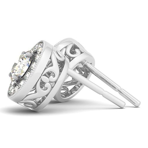 14k White Gold Round Diamond Halo Milgrain Border Earrings (3/4 cttw) - Image 2
