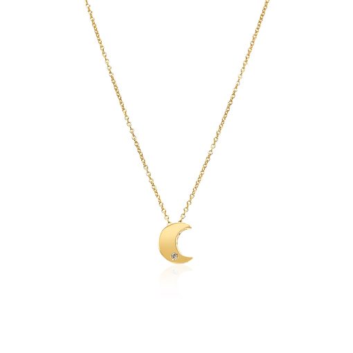 14k Yellow Gold Polished Moon Necklace with Diamond - Image 2