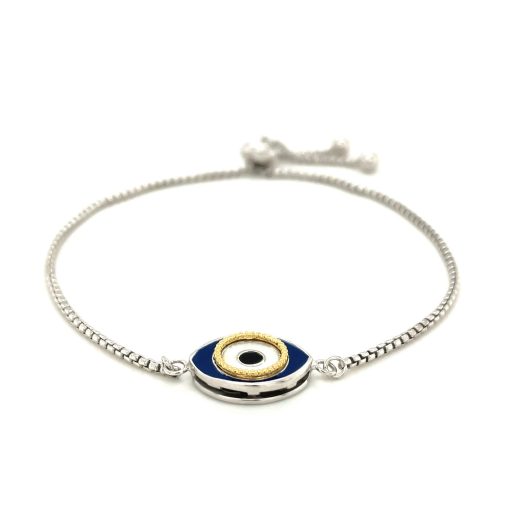 Sterling Silver Adjustable Two Toned Enameled Evil Eye Friendship Bracelet (1.00 mm) - Image 2