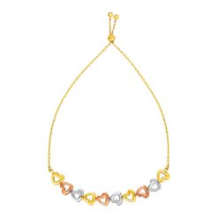 Adjustable Bracelet with Shiny Open Hearts in 14k Tri Color Gold