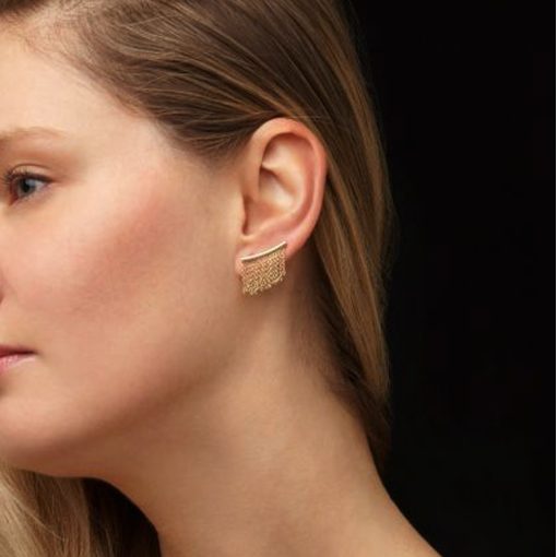 14k Yellow Gold Ear Climber Earring with Fringe Chain Links - Image 2