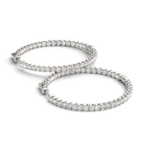 14k White Gold Diamond Hoop Earrings with Shared Prong Setting (2 cttw) - Image 3