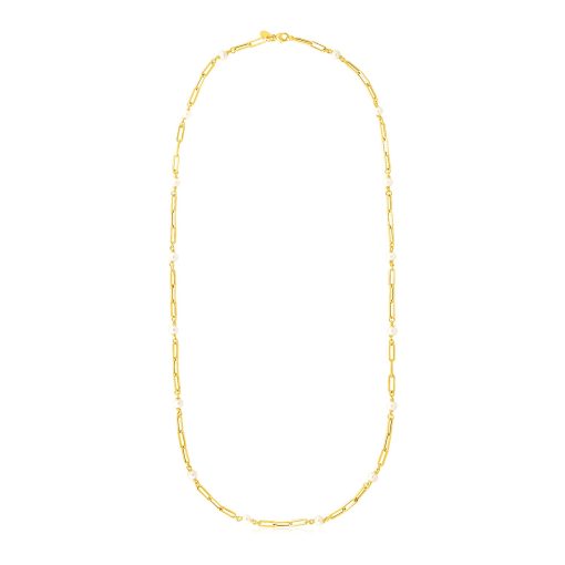 14k Yellow Gold Paperclip Chain and Pearl Necklace