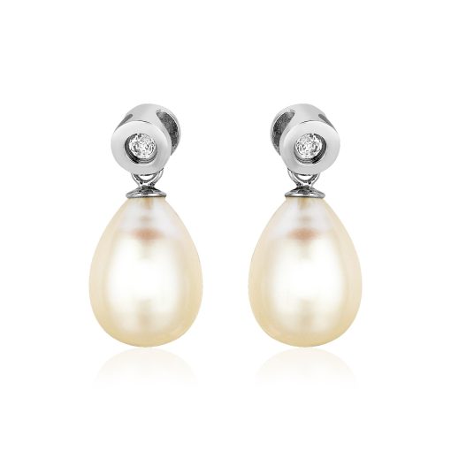 Sterling Silver Earrings with Pear Shaped Freshwater Pearls and Cubic Zirconias