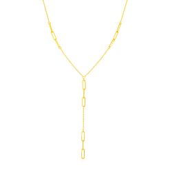 14K Yellow Gold Lariat Necklace with Paperclip Chain Stations