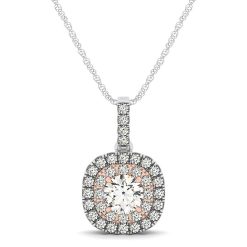14k White And Rose Gold Cushion Shape Halo Diamond Pendant (1/2 cttw)