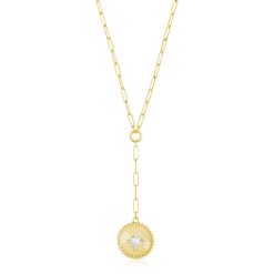 14k Yellow Gold High Polish Star Medallion Two Tone Lariat Necklace