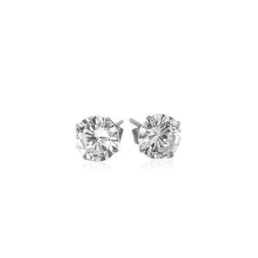 14k White Gold Stud Earrings with White Hue Faceted Cubic Zirconia(6mm) - Image 2