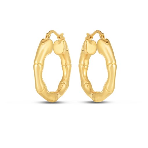 14k Yellow Gold Medium Bamboo Hoop Earrings - Image 2