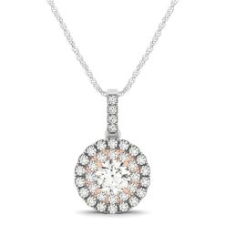 Round Shape Halo Diamond Pendant in 14k White and Rose Gold (1/2 cttw)