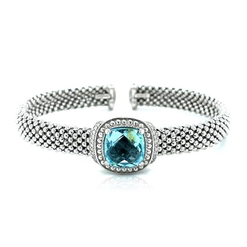 Popcorn Texture Cuff Bangle with Blue Topaz and Diamonds in Sterling Silver (8.00 mm) - Image 2