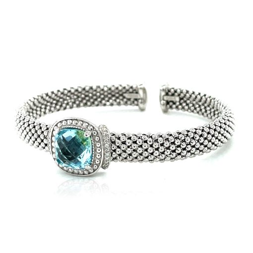 Popcorn Texture Cuff Bangle with Blue Topaz and Diamonds in Sterling Silver (8.00 mm) - Image 3