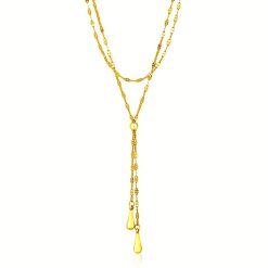 14k Yellow Gold Double Strand Chain with Puffed Heart Lariat Necklace