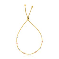 14k Tri-Color Gold Textured Bead Station Lariat Bracelet